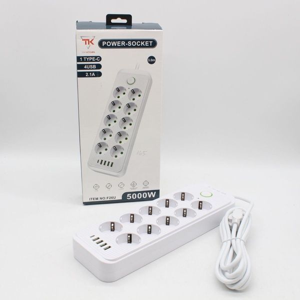 Мережевий фільтр 3м (10 розеток 220В + 4 USB + 1 Type-C) ТК-13, Білий / Подовжувач з вимикачем / Фільтр-подовжувач 23458716501 фото