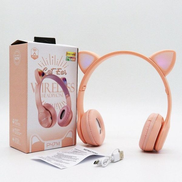 Бездротові Bluetooth навушники з котячими вушками та підсвічуванням Cat Miu Star P47 Рожеві / Дитячі навушники 23456529102 фото