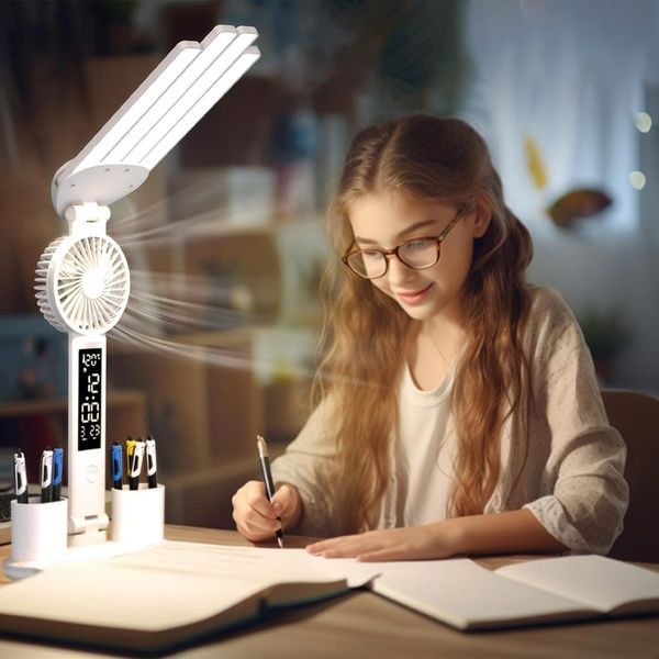 Настільна лампа-вентилятор 3в1 з акумулятором 3200мАч та USB-дисплеєм / Акумуляторна LED лампа-органайзер 234580171 фото