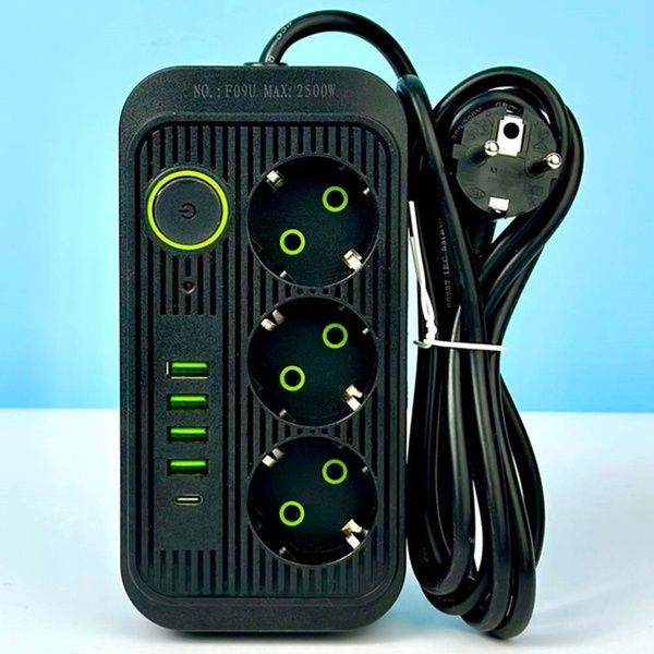Мережевий фільтр 2м, 3 розетки, 4хUSB, 1хType-C, F09U, Чорний / Мережевий подовжувач з usb / Переноска розетка 23457451101 фото