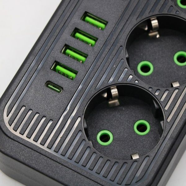 Мережевий фільтр 2м, 3 розетки, 4хUSB, 1хType-C, F09U, Чорний / Мережевий подовжувач з usb / Переноска розетка 23457451101 фото
