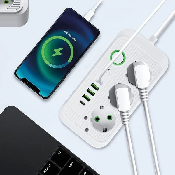 Мережевий фільтр-подовжувач 2м (3х220В+4хUSB+1хType-C), F09U, Білий / Електрична переноска з вимикачем 23457780301 фото