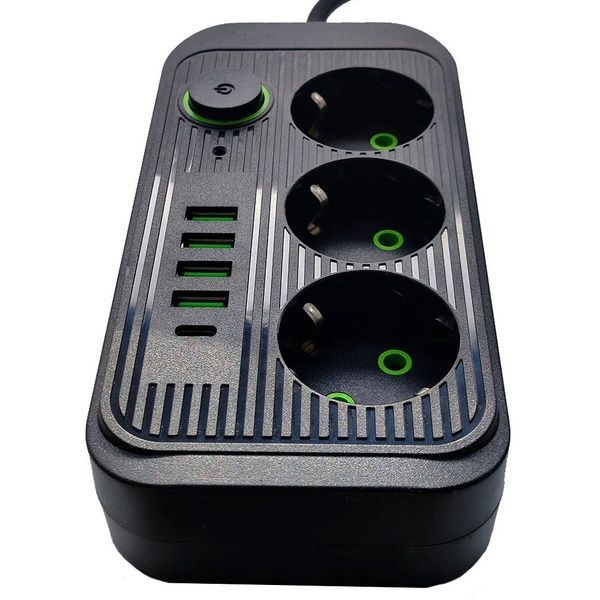 Мережевий фільтр 2м, 3 розетки, 4хUSB, 1хType-C, F09U, Чорний / Мережевий подовжувач з usb / Переноска розетка 23457451101 фото