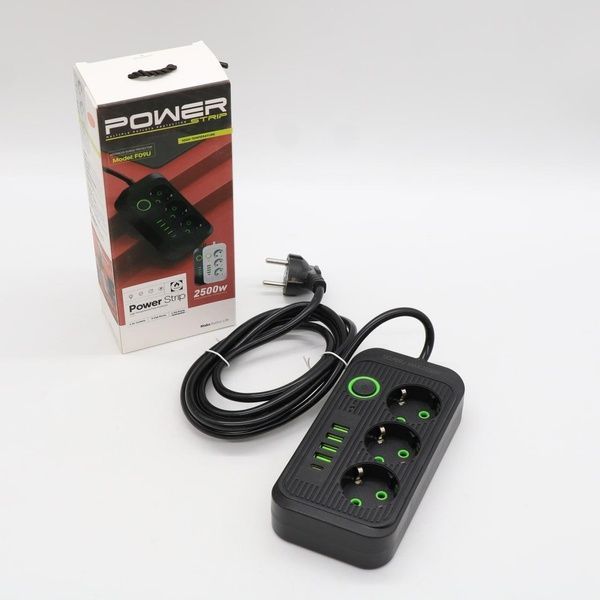 Мережевий фільтр 2м, 3 розетки, 4хUSB, 1хType-C, F09U, Чорний / Мережевий подовжувач з usb / Переноска розетка 23457451101 фото