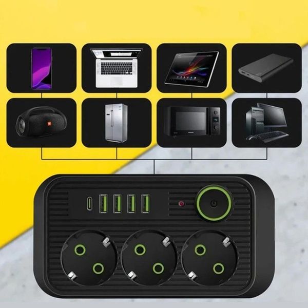 Мережевий фільтр 2м, 3 розетки, 4хUSB, 1хType-C, F09U, Чорний / Мережевий подовжувач з usb / Переноска розетка 23457451101 фото