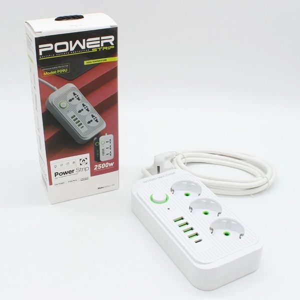 Мережевий фільтр-подовжувач 2м (3х220В+4хUSB+1хType-C), F09U, Білий / Електрична переноска з вимикачем 23457780301 фото