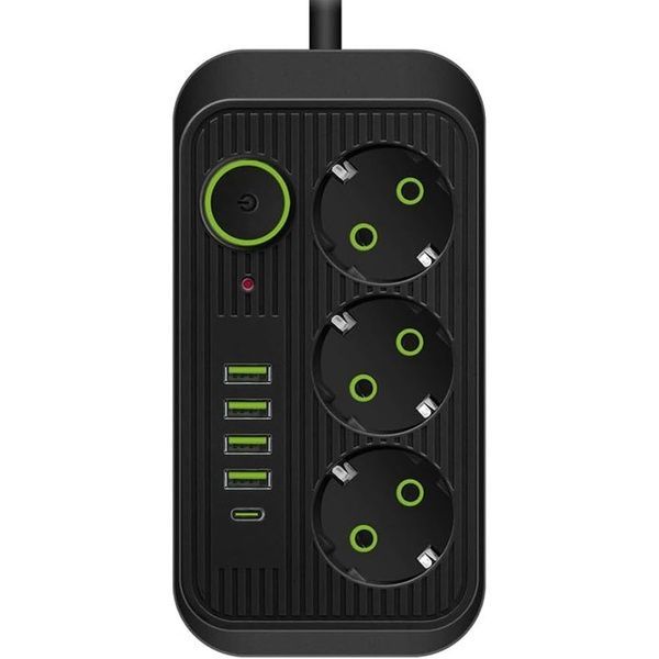 Мережевий фільтр 2м, 3 розетки, 4хUSB, 1хType-C, F09U, Чорний / Мережевий подовжувач з usb / Переноска розетка 23457451101 фото