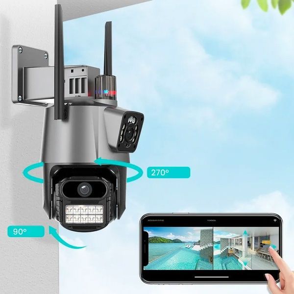 Уличная охранная WIFI камера видеонаблюдения 6MP, Dual Lens / Поворотная камера наблюдения с сиреной 234568441 фото