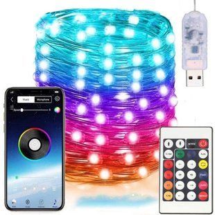 Світлодіодна смарт гірлянда 10 м, від USB + пульт / Розумна стрічка RGB з Bluetooth / Гірлянда від повербанк 23457250001 фото
