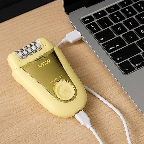 Аккумуляторный эпилятор, 2 насадки, с USB, V-758, Золотистый / Электроэпилятор / Электробритва женская / Депилятор для ног 23457769701 фото